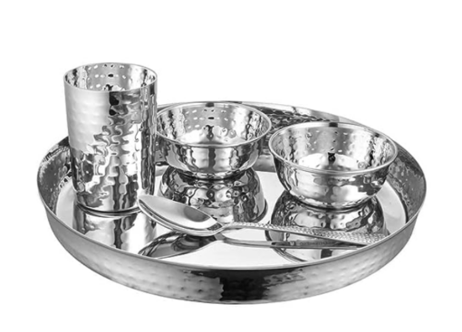 Shri & Sam High Grade Stainless Steel Komcha Hammered Thali Set 28 cm for 1 People (Mirror Finish) - Image 2
